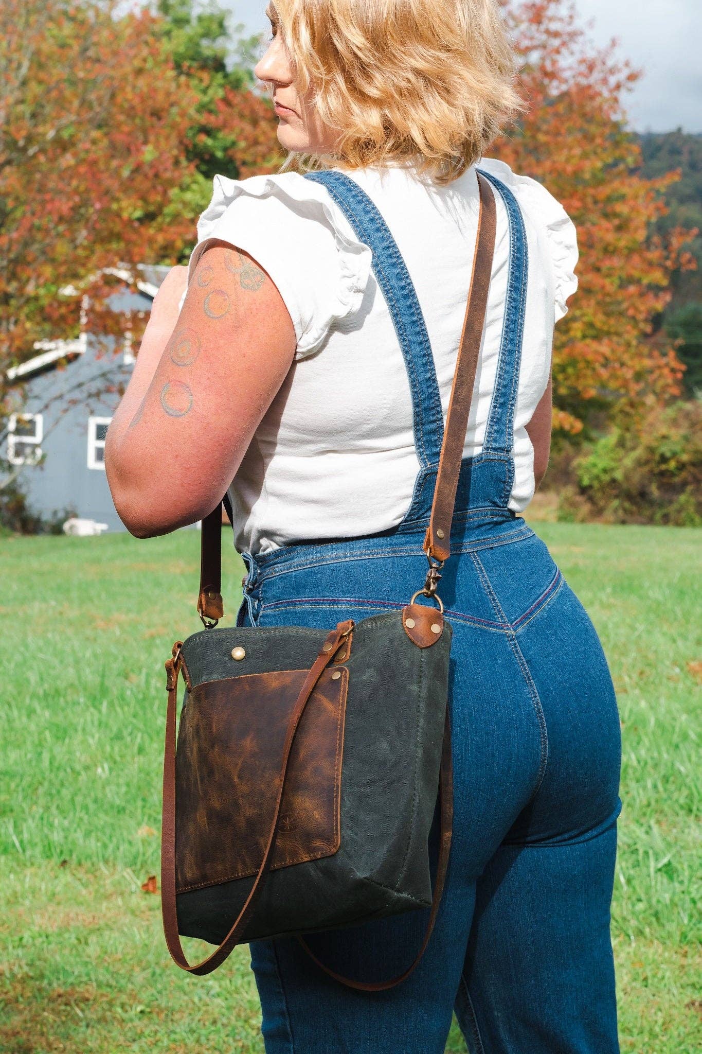The Classic Waxed Canvas Bag | Tote Bag with ENGRAVED Leather Pocket | Small