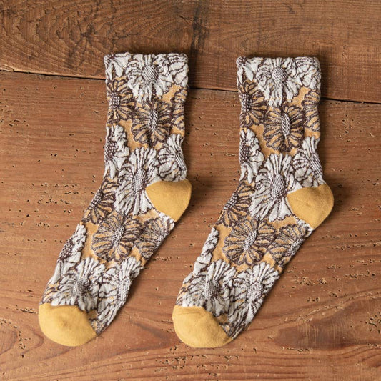 Vintage embossed sunflower flower colorful mid-calf socks