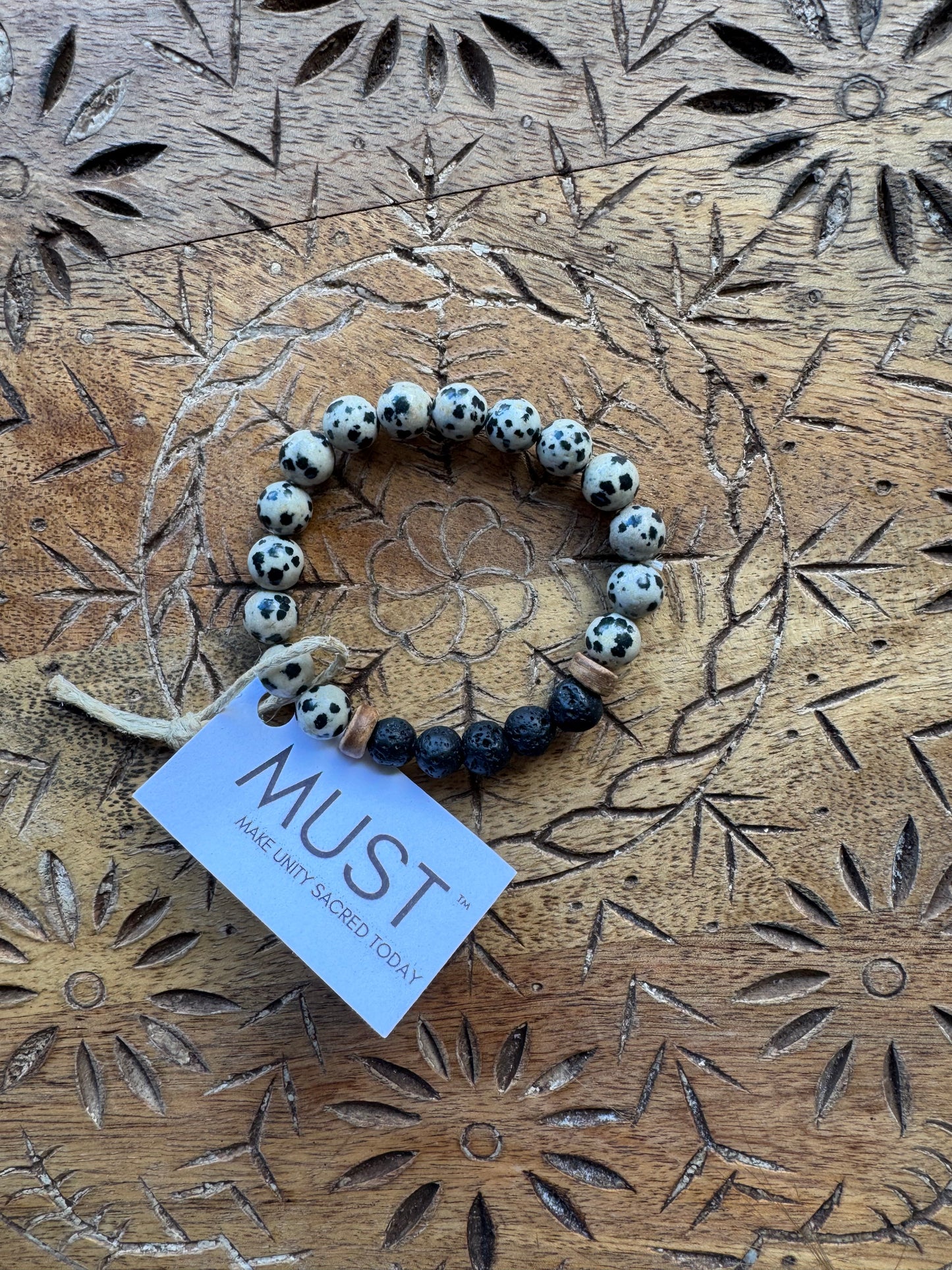 Dalmatian Jasper and Lava Stone Semi Precious Stone Beaded Bracelet - by Must
