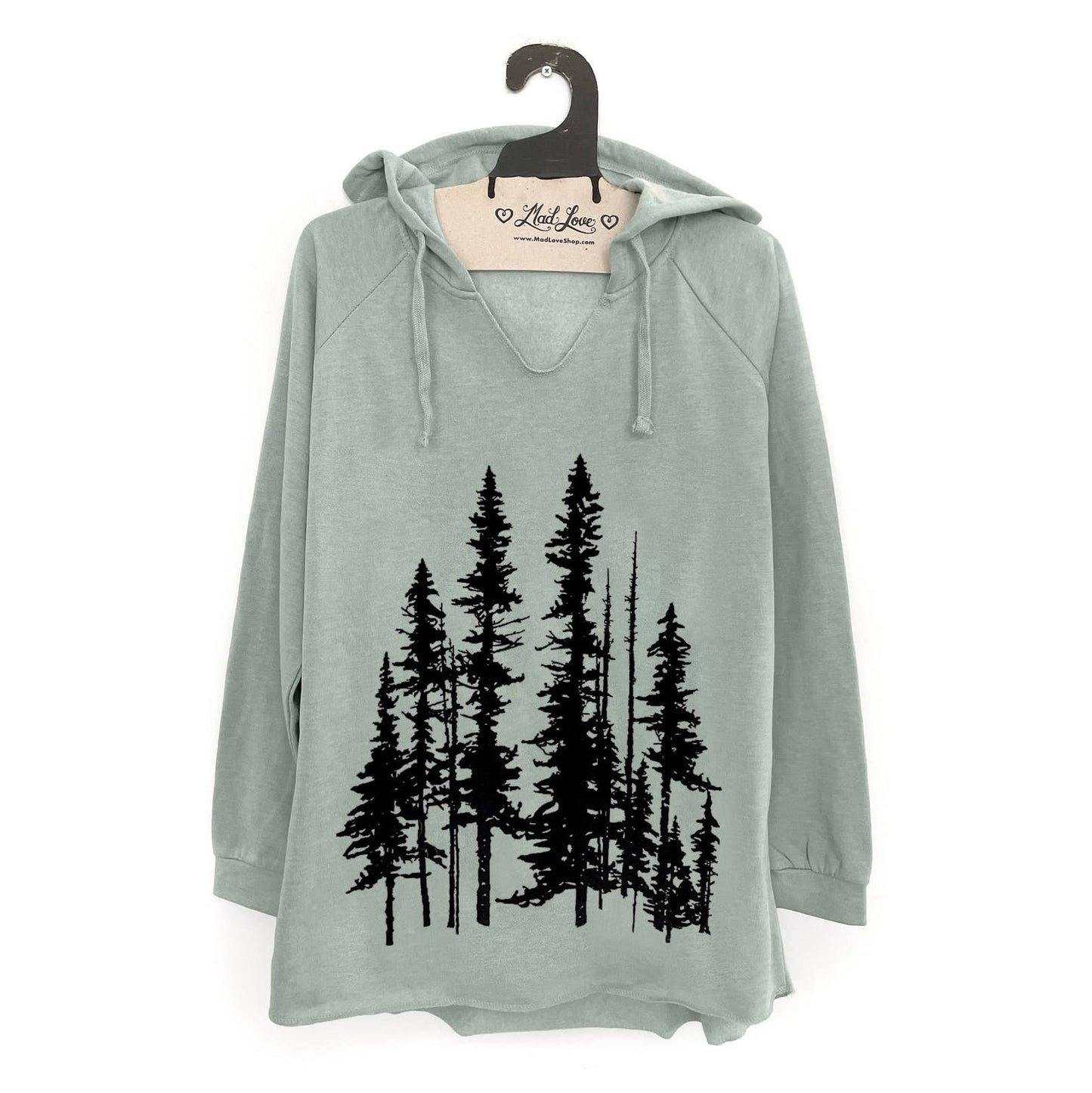 Sage Green Fleece V-Notch Beach Pullover Hood w/ Evergreens