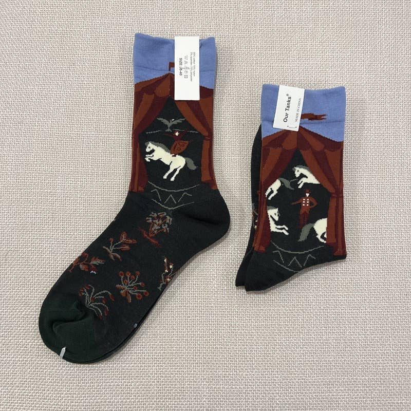 Retro oil painting style colorful print mid-calf socks