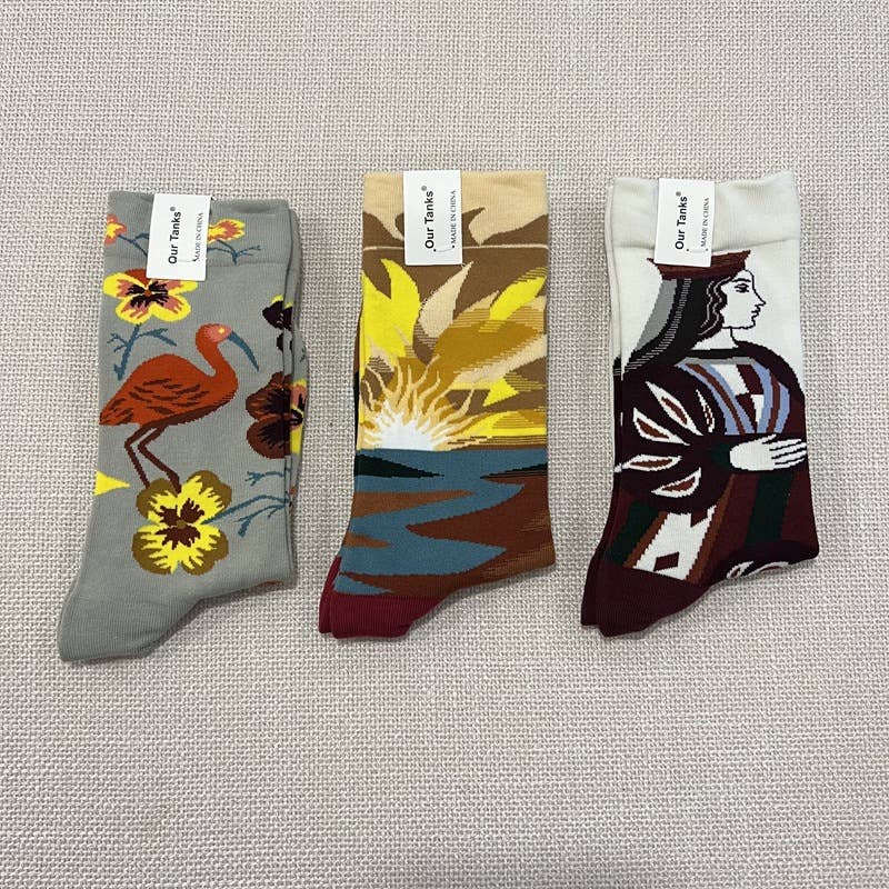 Retro oil painting style colorful print mid-calf socks