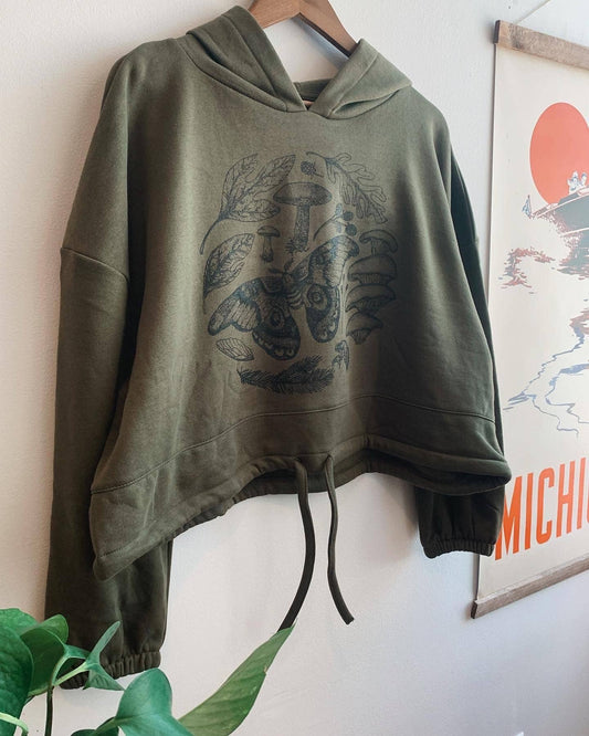 Nature Walk Moth Oyster mushroom Cropped Hoodie w/ Drawcord