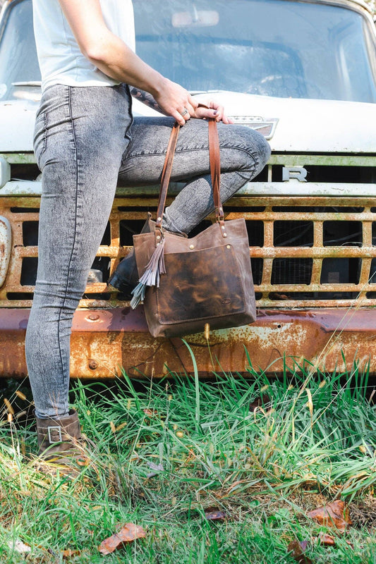 The Classic Waxed Canvas Bag | Tote Bag with ENGRAVED Leather Pocket | Small