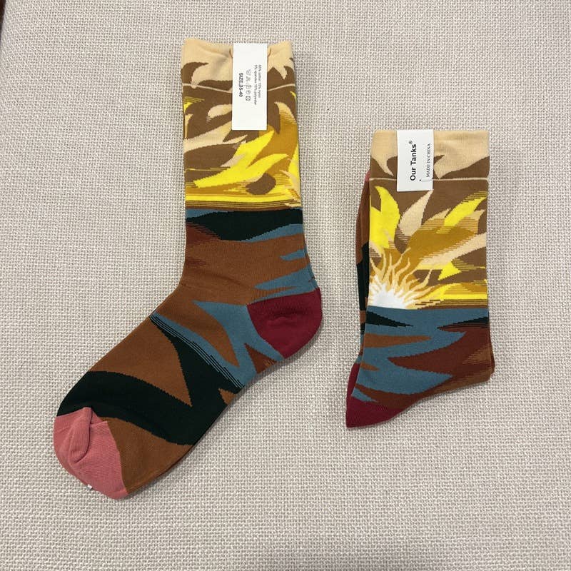 Retro oil painting style colorful print mid-calf socks