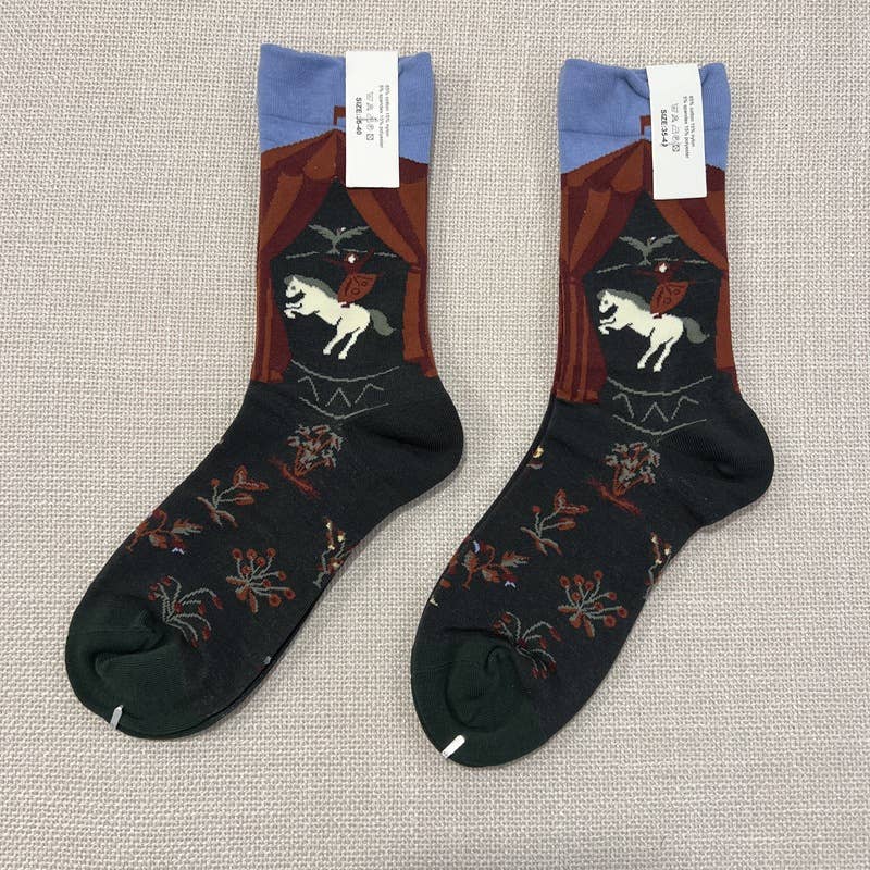 Retro oil painting style colorful print mid-calf socks
