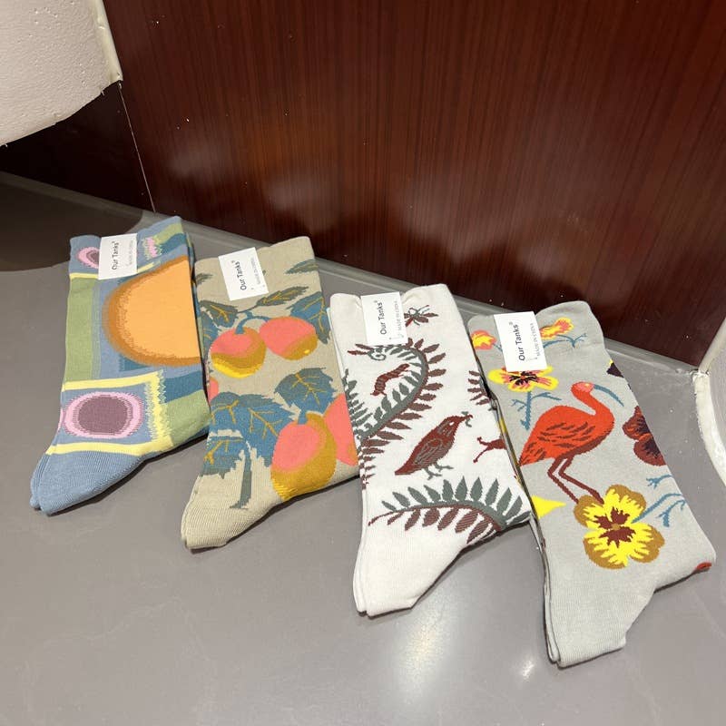 Retro oil painting style colorful print mid-calf socks