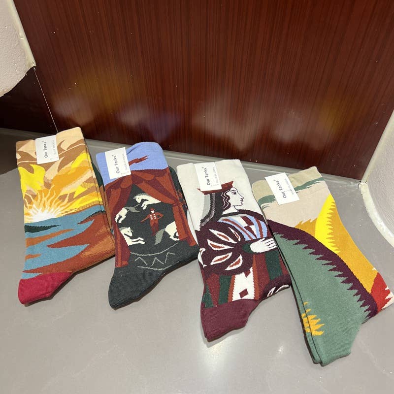 Retro oil painting style colorful print mid-calf socks
