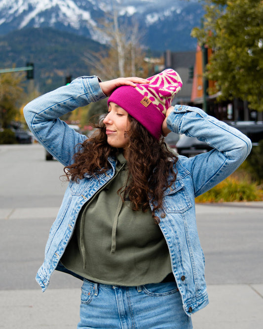 Floral Pattern Fold Over Beanie - Magenta/Olive
