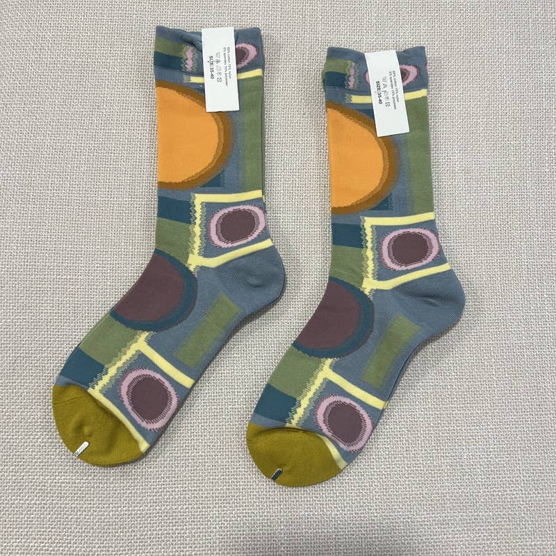 Retro oil painting style colorful print mid-calf socks