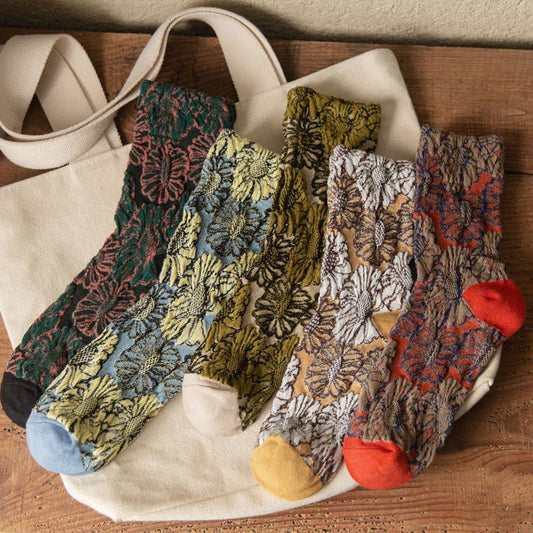 Vintage embossed sunflower flower colorful mid-calf socks