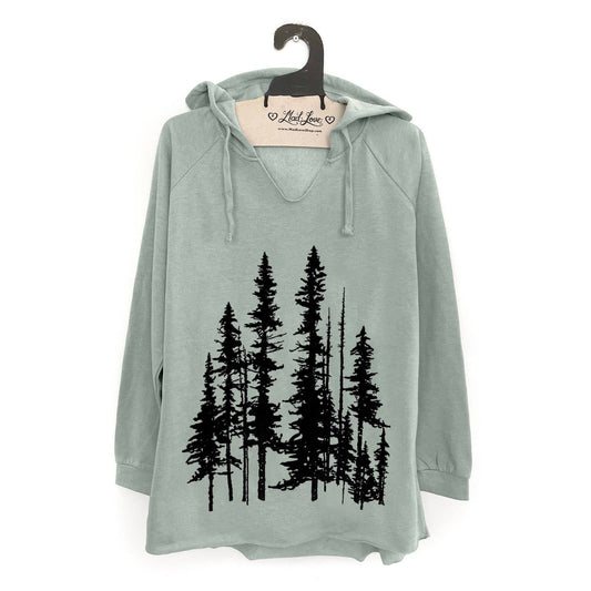 Sage Green Fleece V-Notch Beach Pullover Hood w/ Evergreens