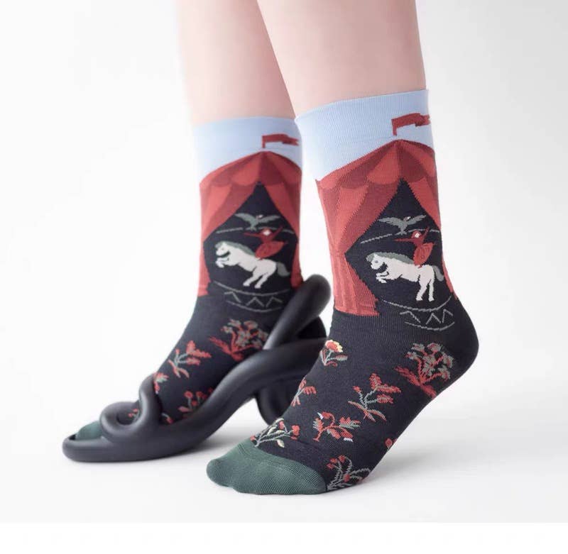 Retro oil painting style colorful print mid-calf socks